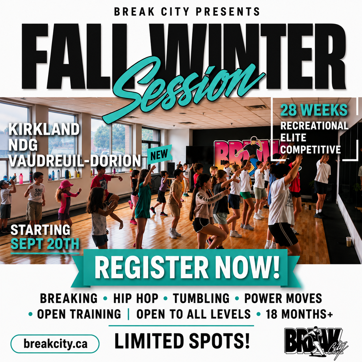 NEW_fall_winter_session_26-27_EN Break City Flyer promoting fall/winter dance session for 2026-2027