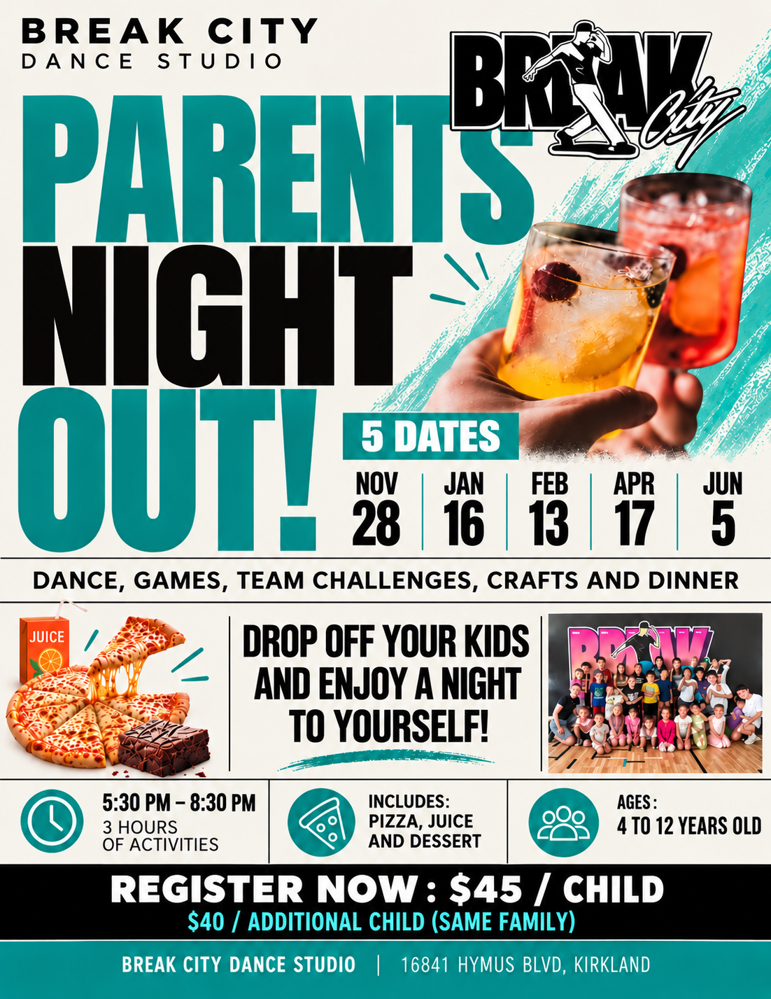 Break City Flyer describing the event Parents Night Out for 5 dates in 2026-2027